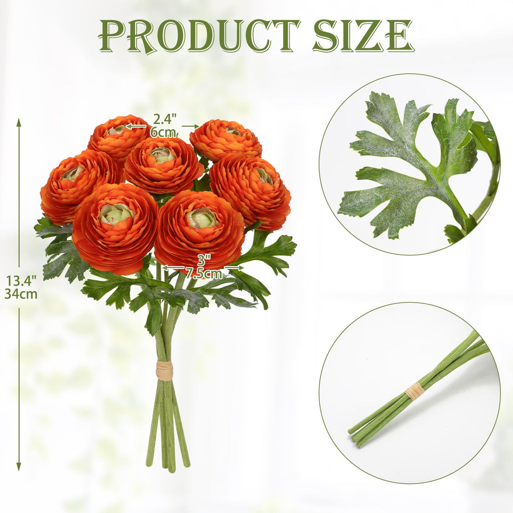 7 Heads Ranunculus Artificial Flowers Orange Fake Ranunculus Small Bouquets Silk Flowers Faux Floral Centerpieces