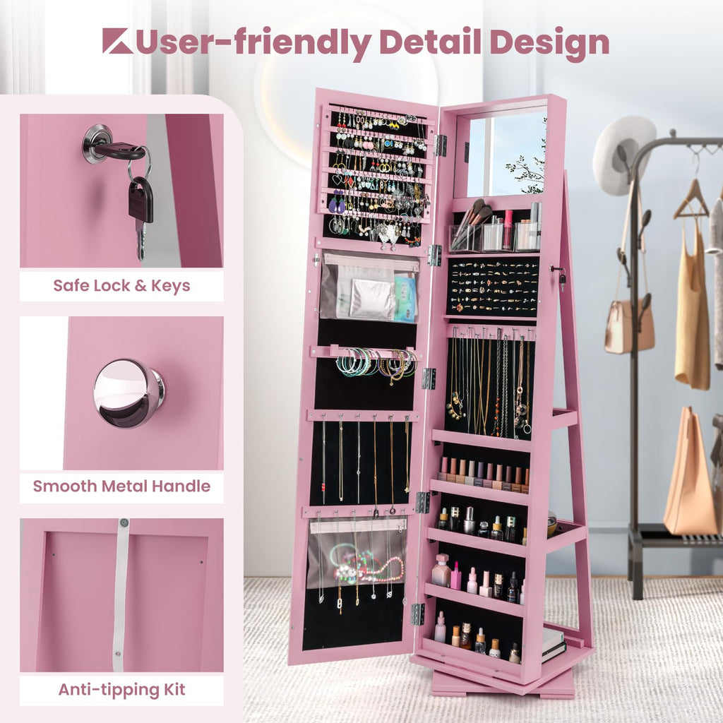 360 Rotating Jewelry Armoire Cabinet, Standing Jewelry Organizer w/Full-Length Mirror & Large Storage Space, Lockable