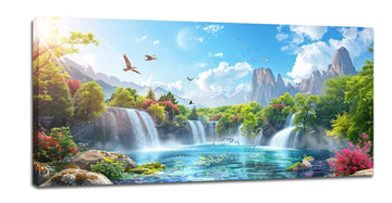 Lake Waterfall Natural Large Wall Art Forest Waterfalls Landscape Canvas Decor Tree Mountains Prints Painting