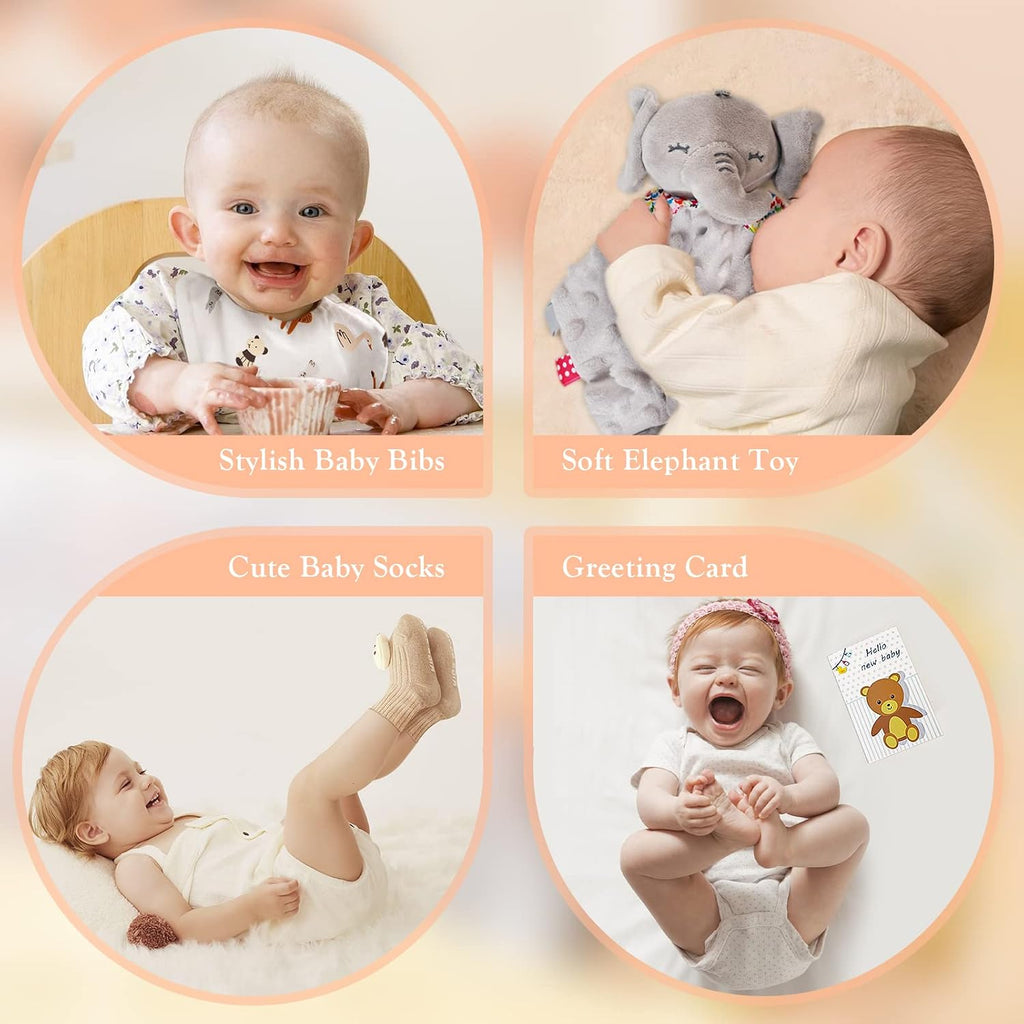 Baby Gift Set for Newborn - 11PCS Baby Shower Gifts Basket with Baby Blanket Baby Rattle, Wooden Keepsake Milestone