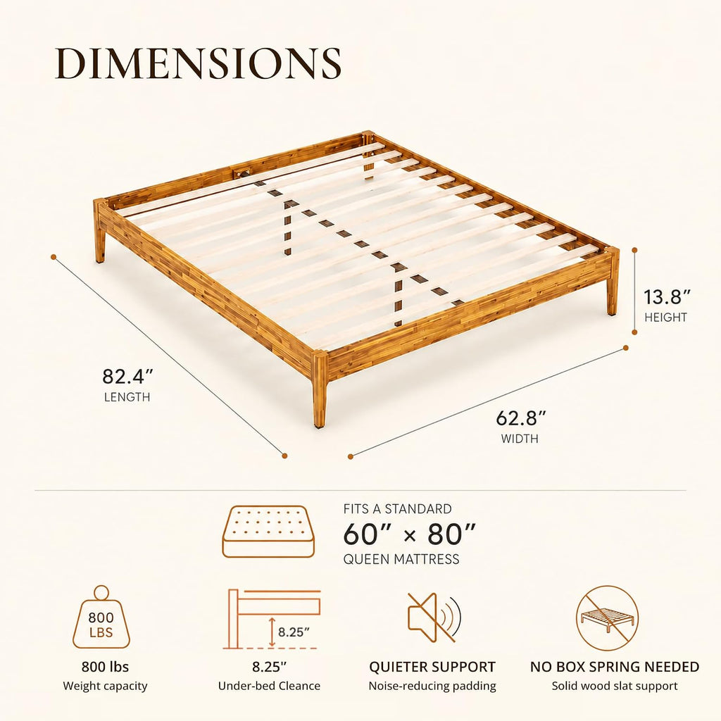 Camila 14'' Luxury Acacia Wood Bed Frame - Heavy Duty Platform, Japanese Joinery Bed Frame, No Box Spring