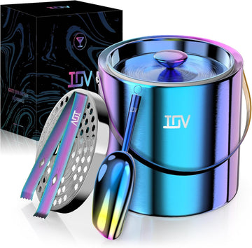 Ice Bucket with Lid, Scoop, Tongs, and Strainer, 3 L Stainless Steel Double Wall Insulated Ice Bucket for Parties