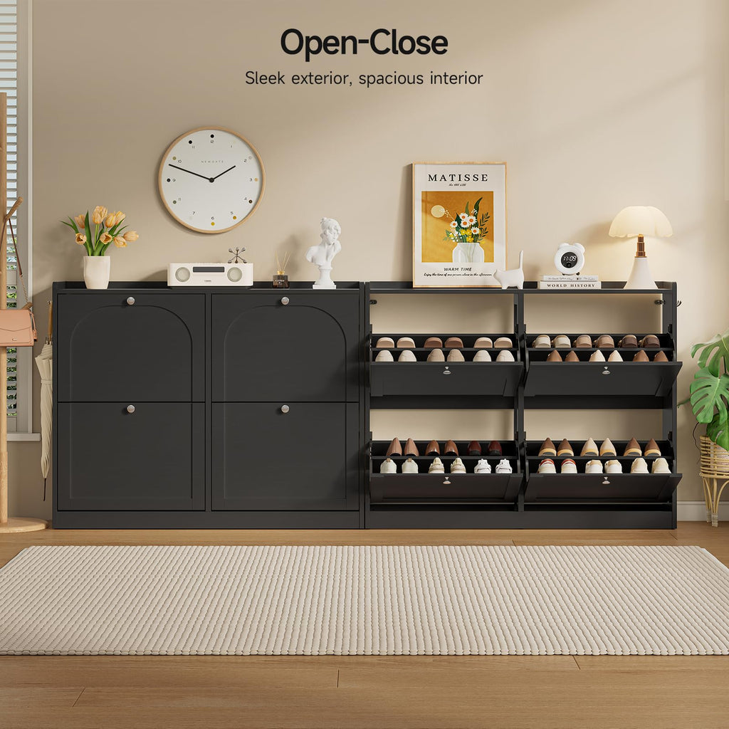 Shoe Cabinet with 4 Flip Drawers & 2 Side Hooks, Black