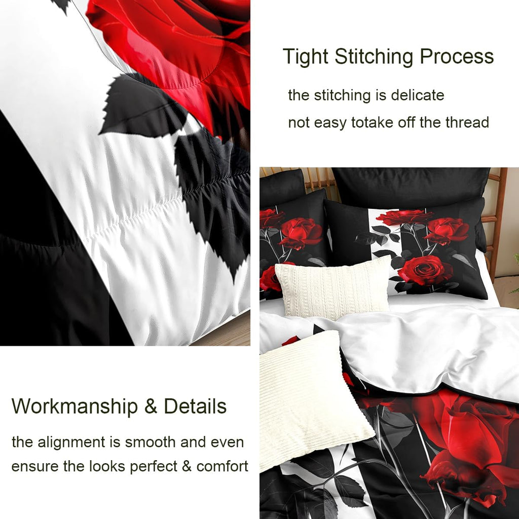 Rose Comforter Set King Black Red Bedding Set Striped Floral Bedding for Women Aesthetic Comforter with 2 Pillowcases