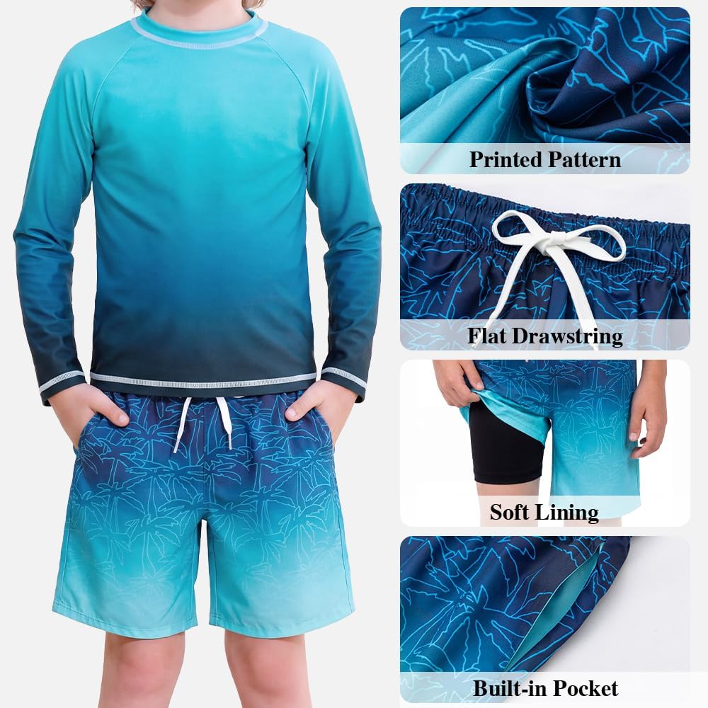 Boys Two Piece Rash Guard Swim Set Toddler Kids Long Sleeve Bathing Suit Swimwear Shirt with Trunks Quick Dry