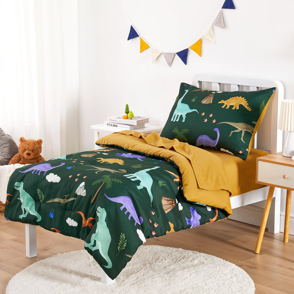 Toddler Bedding Set for Boys, Colorful Jurassic Dinosaur Volcano, 4 Pieces Soft Crib Bed Set Including Comforter