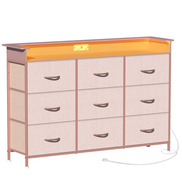 Pink Dresser with LED Light for Girls Bedroom 9 Drawer Dressers with Charging Station Chests of Drawers Entryway