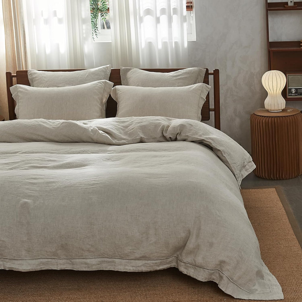 100% Washed Linen Duvet Cover with Embroidered,3 Pieces Soft Farmhouse Comforter Set with Button Closure,1 Duvet
