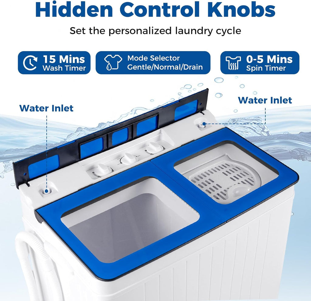 Portable Washing Machine, 26LBS Twin Tub Mini Compact Laundry Washer Spinner Combo with Drain Pump, 18Lbs Washer and