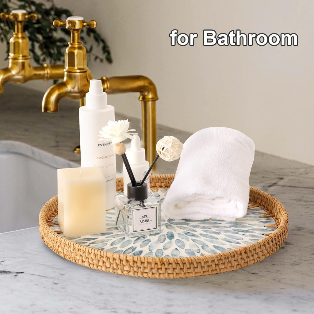 Round Rattan Tray with Mother of Pearl Inlay, Rattan Serving Tray for Coffee, Bread, Fruits, Decorative Wicker Tray