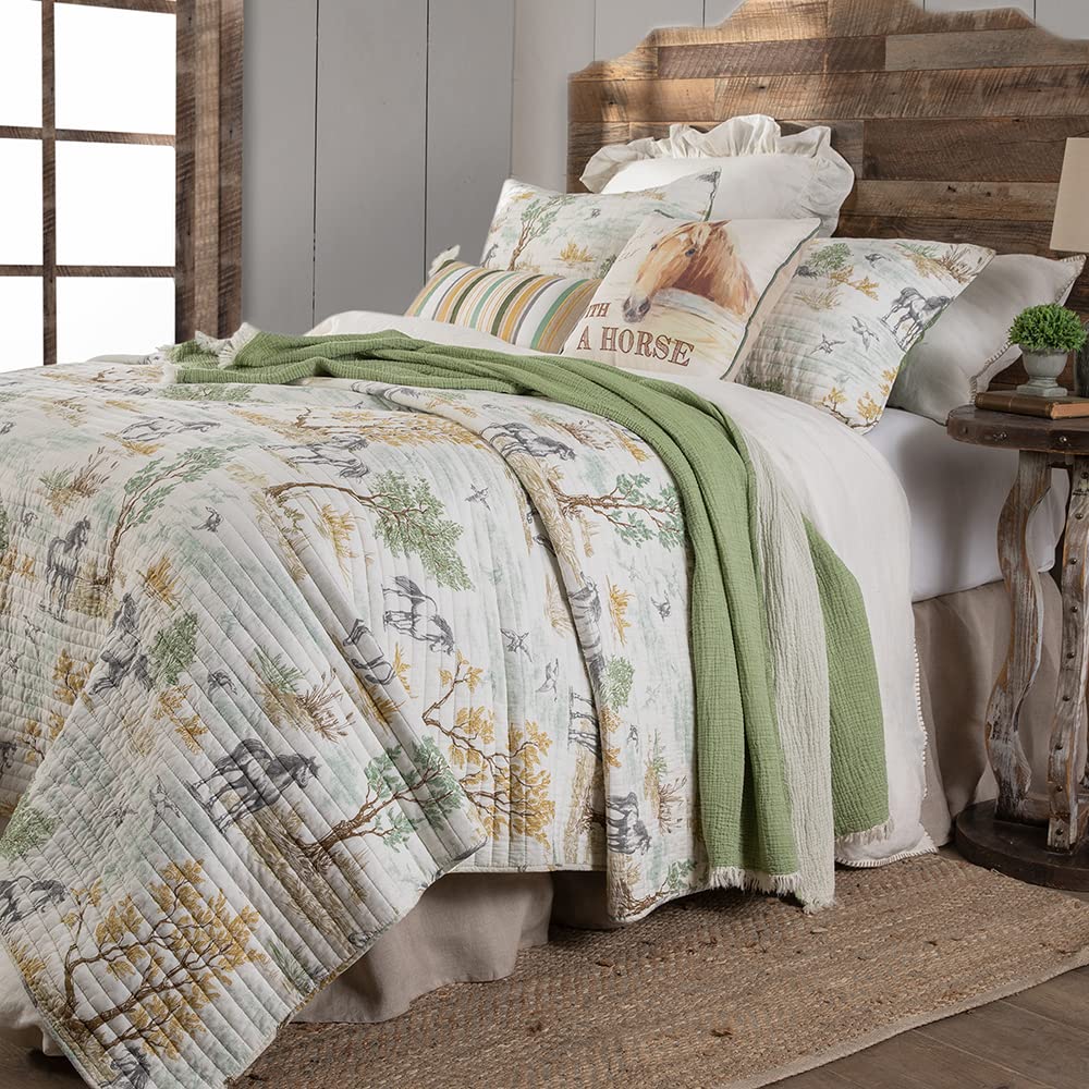 Graystone Meadow Full/Queen Quilt, Horse Toile Western Bedding, Reversible Cotton Bedspread, Green Gray Taupe Tan