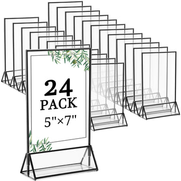 24 Pack 5x7 Inch Clear Acrylic Sign Holders, Black Border Double-Sided Vertical Picture Frames & Display Stands for