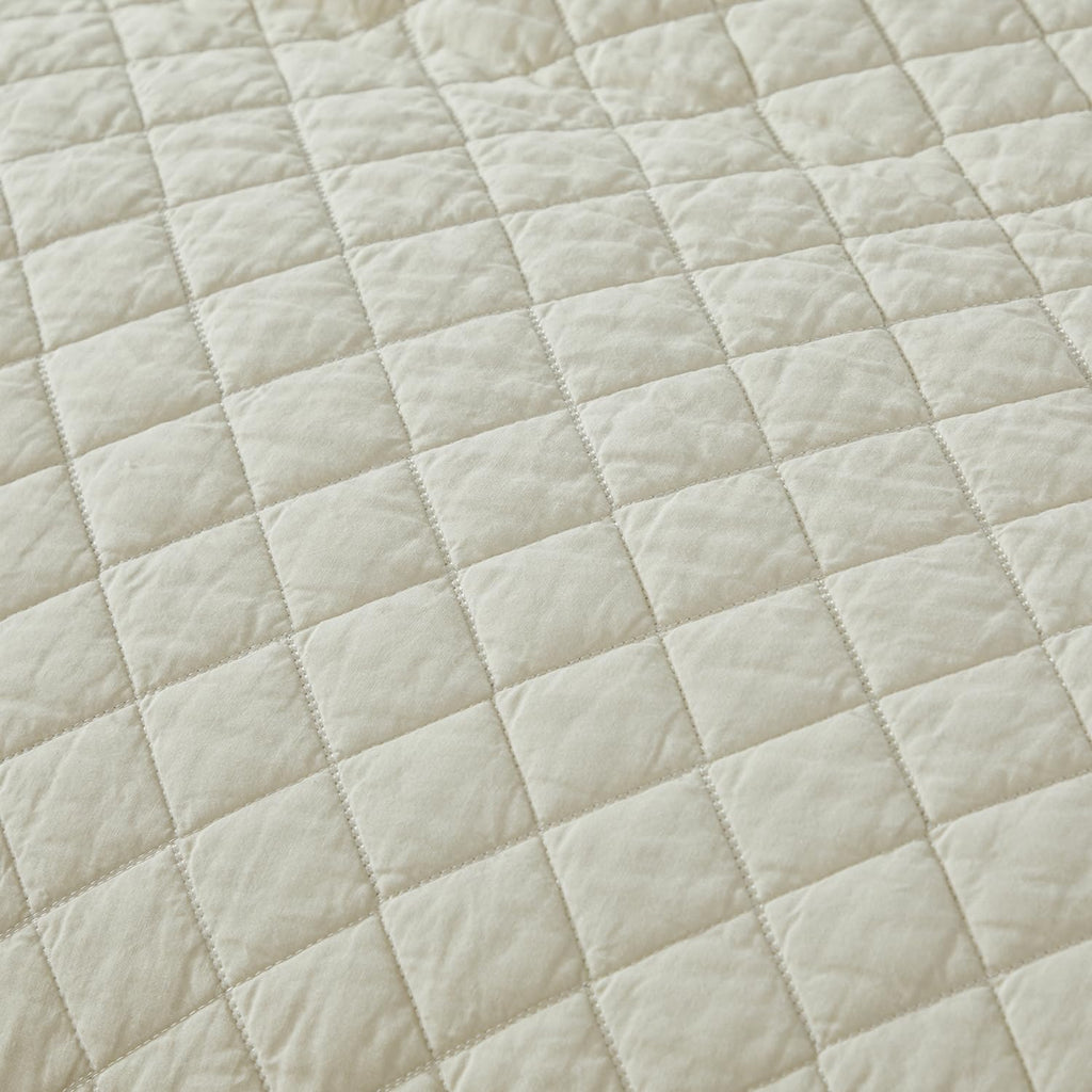 Beige Plaid Stitched Quilt Set Cotton All Season Coverlet
