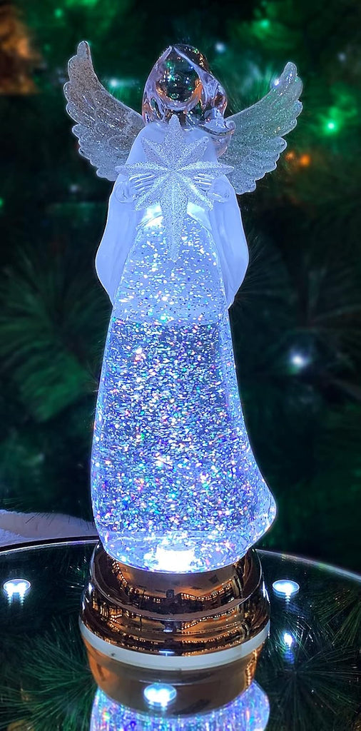 Christmas Angel Snow Globe Water Spinner LED Light Battery Operated Glitter Angel Figurine 12.8" Tabletop Christmas