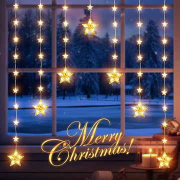 46 Stars Curtain Lights, Battery Operated Christmas Star Window Lights - Warm White with Timer & Memory Function & 8