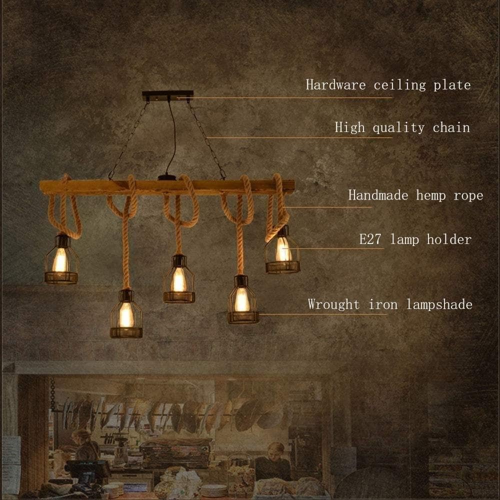 Industrial Farmhouse Linear Chandelier, 5-Light Wood Beam Island Pendant Light with Hemp Rope & Metal Cage Shades