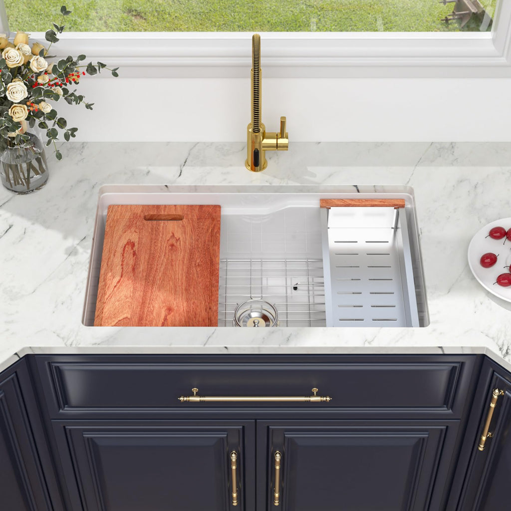 32 Inch White Undermount Sink Workstation Ceramic Fireclay 32x19 Inch White Kitchen Sink Dual Drop in & Undermount