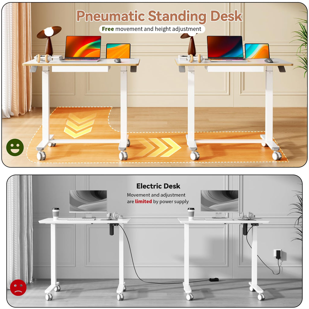 Mobile Standing Desk with Drawer, Height Adjustable, 35" White