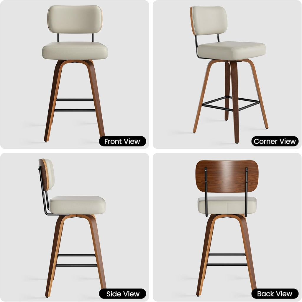 Swivel Bar Stools Set of 4, 26" Upholstered Faux Leather Counter Height Barstools with Walnut Back & Bentwood Legs