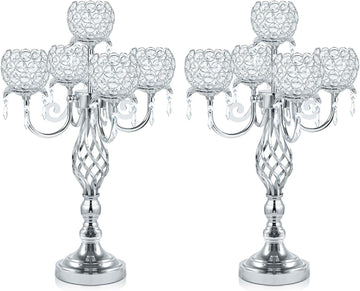 5-Arm Crystal Candelabra Centerpiece 23.2" Tall - Elegant Candle Holder Stand with Crystal Bowl, Chic Table Decor for