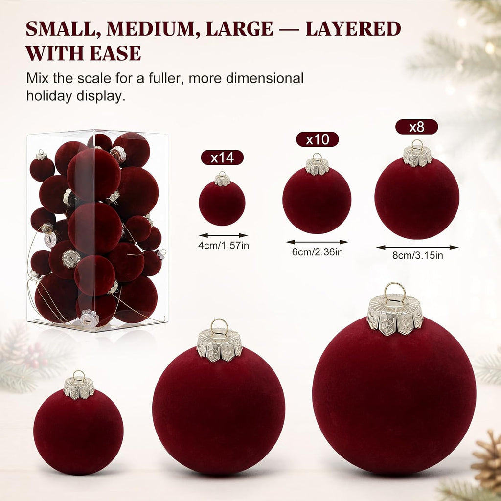 32 Pcs Velvet Christmas Ornaments Set Mixed Flocked Shatterproof Christmas Tree Decorations Plastic Xmas Decorative
