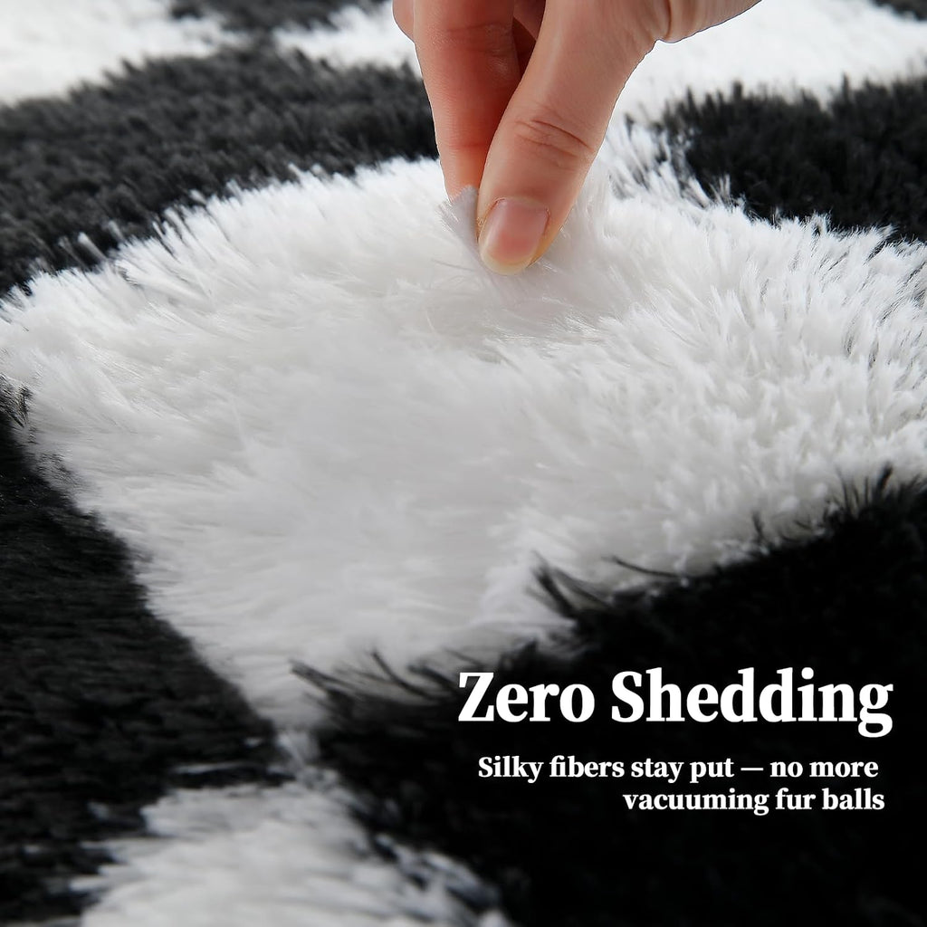 Checkered Shag Area Rug 5'x8', Black and White Plush Rug, Non-Slip Soft Carpet Nursery, Modern Floor Decor with Grid