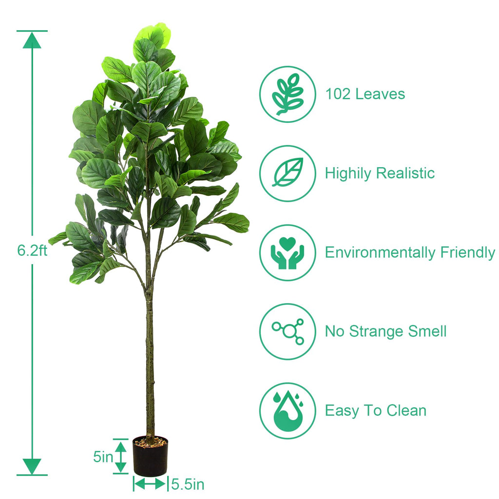 6.2FT Artificial Fiddle Leaf Fig Tree, Artificial Plants Decor Indoor, Lifelike Evergreen Fake Artificial Ficus Tree
