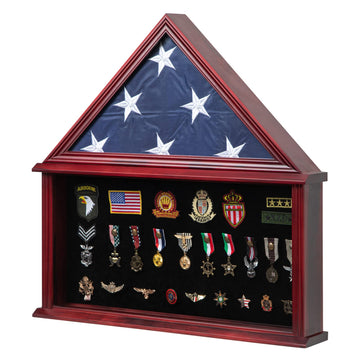 Large Military Shadow Box with Flag Display Case, Mahogany