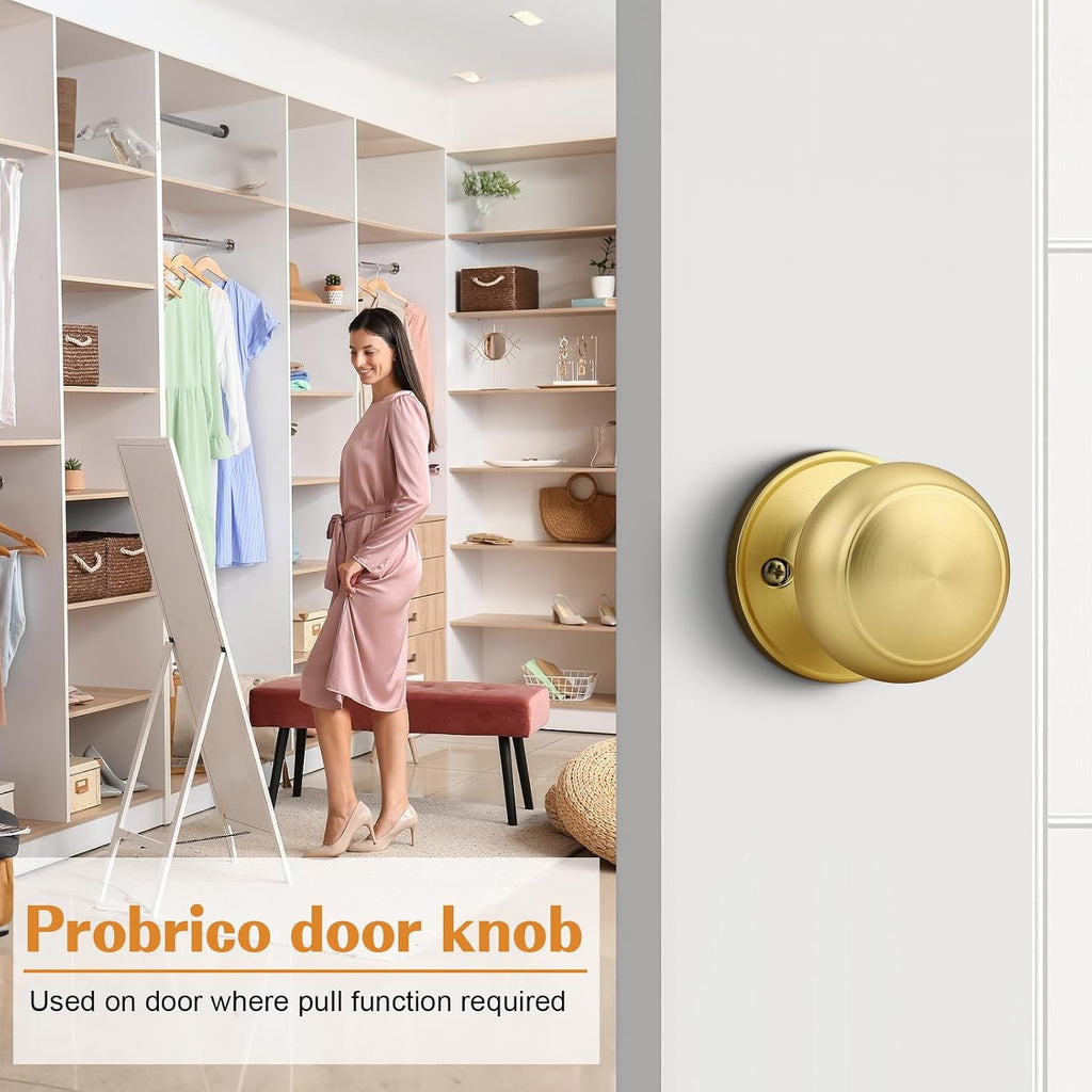 Gold Door Knob One Side 2 Pack, Fake Door Handles Dummy Function for Closet French Doors, Brushed Brass Finish