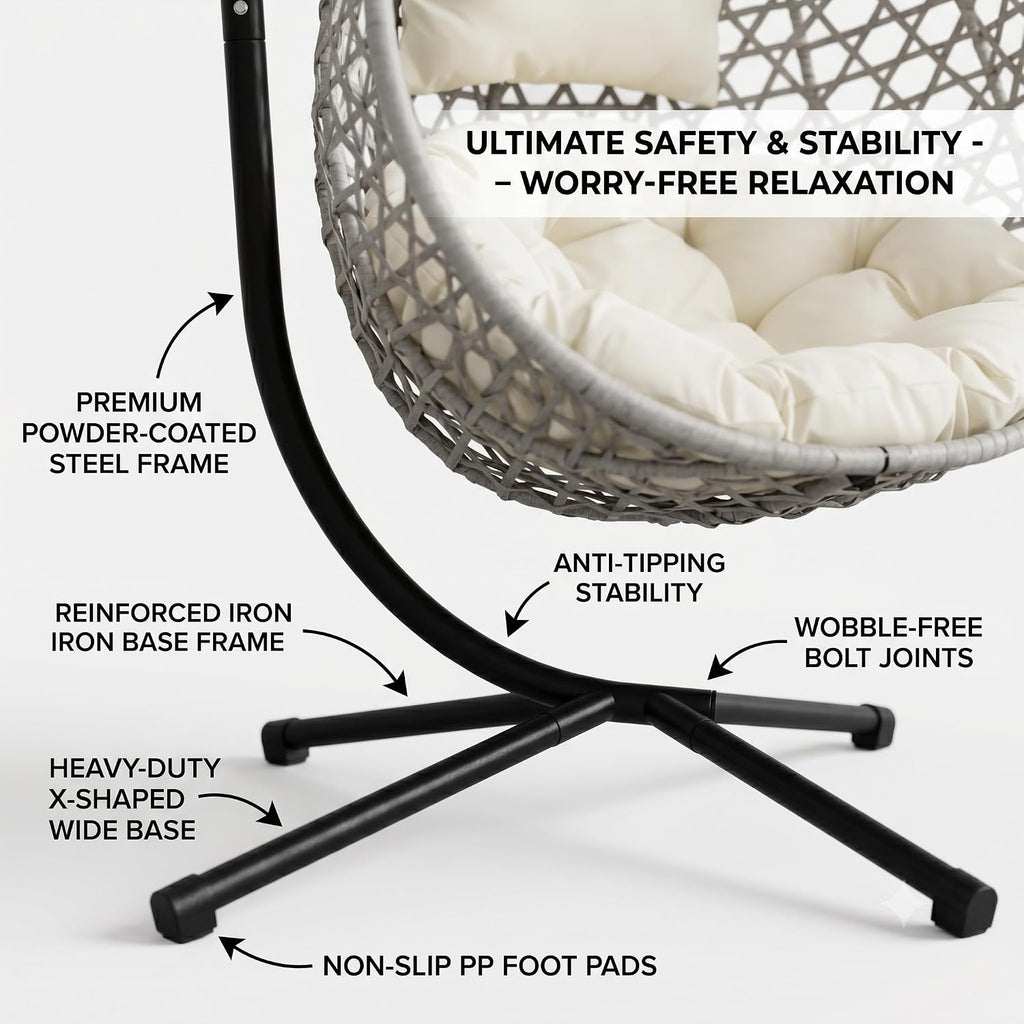 Foldable Hanging Egg Chair with Stand, Outdoor Patio Indoor Swing Chair with Cloud Cushion, Anti-Rust Heavy Duty