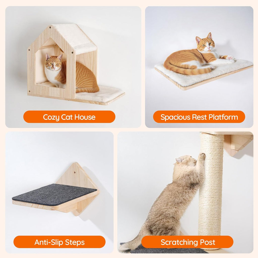 Wood Cat Wall Shelves, Set of 5 Cat Wall Mounted Furniture, Climbing Shelves with House, Steps, Scratching Post
