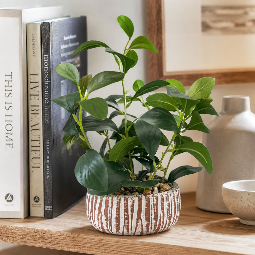 Artificial Potted Plants Life-Like Fake Plant with Farmhouse-Style Cement Planter Feturing Light Wood Tone for Room
