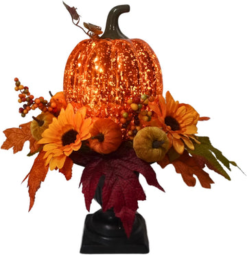 15 Inch Lighted Fall Pumpkin Arrangement with Pumpkin, Daisies | 15 LEDs with Mercury Glass-Style Pumpkin, Mini