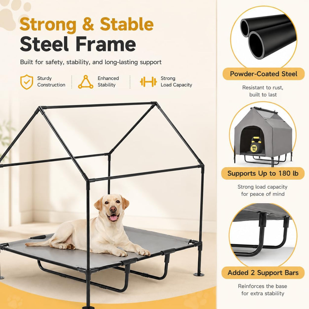 48" Large Dog House Outdoor for Large Dogs, 2-in-1 Waterproof Dog House & Elevated Dog Bed with Removable Canopy
