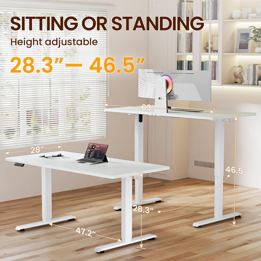 63"x28" Wider Large Standing Desk, Electric Height Adjustable, White