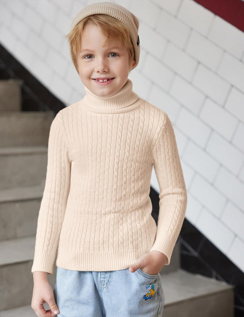 Boy's Ribbed Turtleneck Cable Knitted Sweater Slim Fit Pullover Sweater for Kids