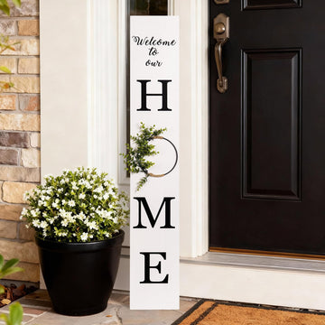 47.2" H Welcome to Our Home Sign with 3D Wreath (No Splicing), Large Wooden Welcome Sign Porch Front Door Standing