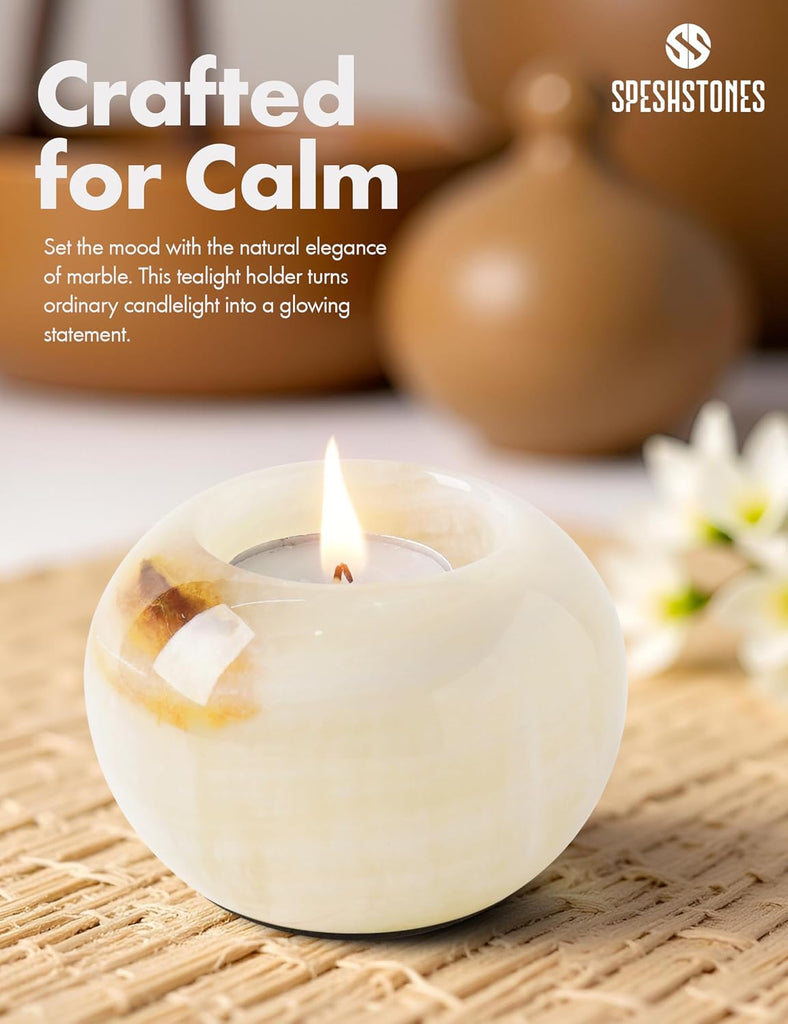 Marble Tea Light & Votive Candle Holders 4 Inch, Cream Onyx | Set of 2, handmade. Fits standard tealights. Dining