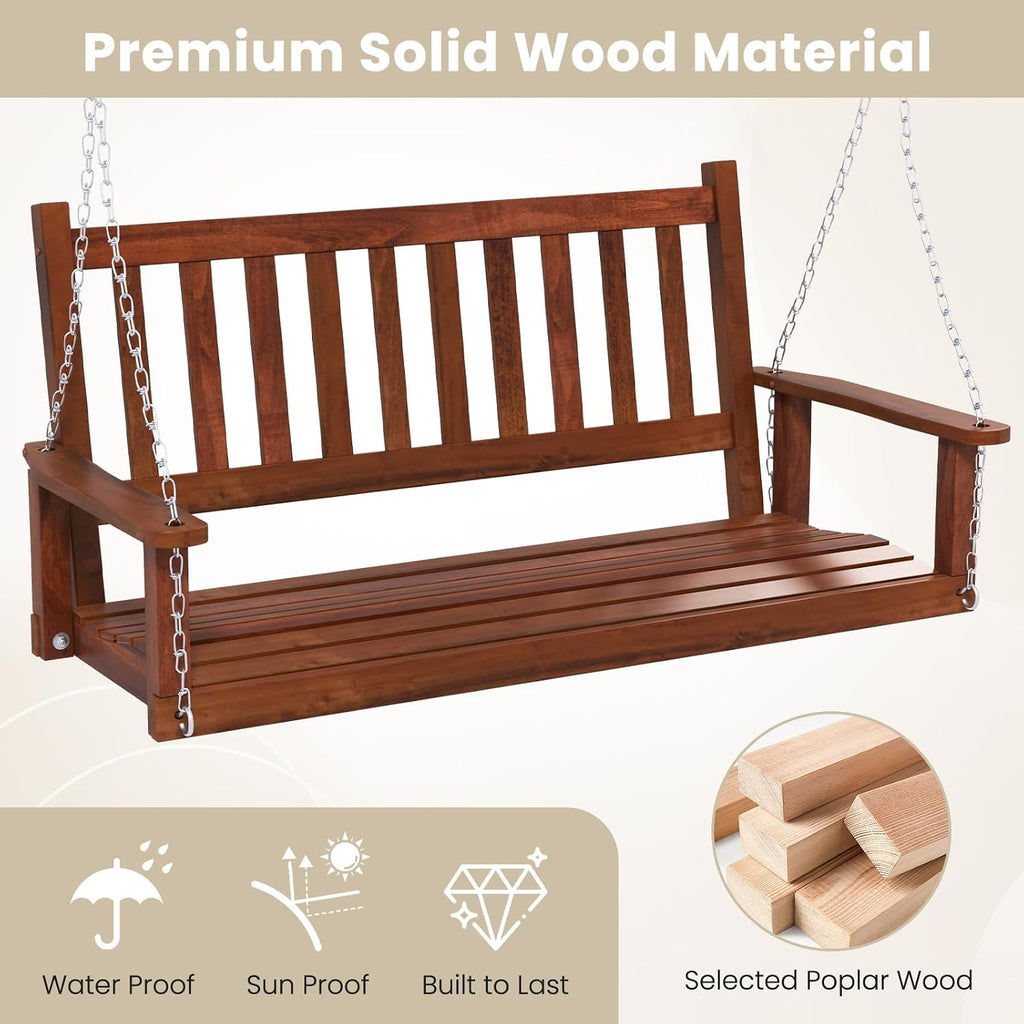 2-Person Wooden Outdoor Porch Swing, Heavy Duty Patio Hanging Bench Chair with 500 LBS Weight Capacity, 5.6 FT