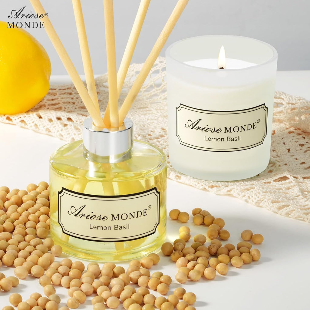 Reed Diffuser & Candle Gift Set, Lemon Oil Diffuser Decor