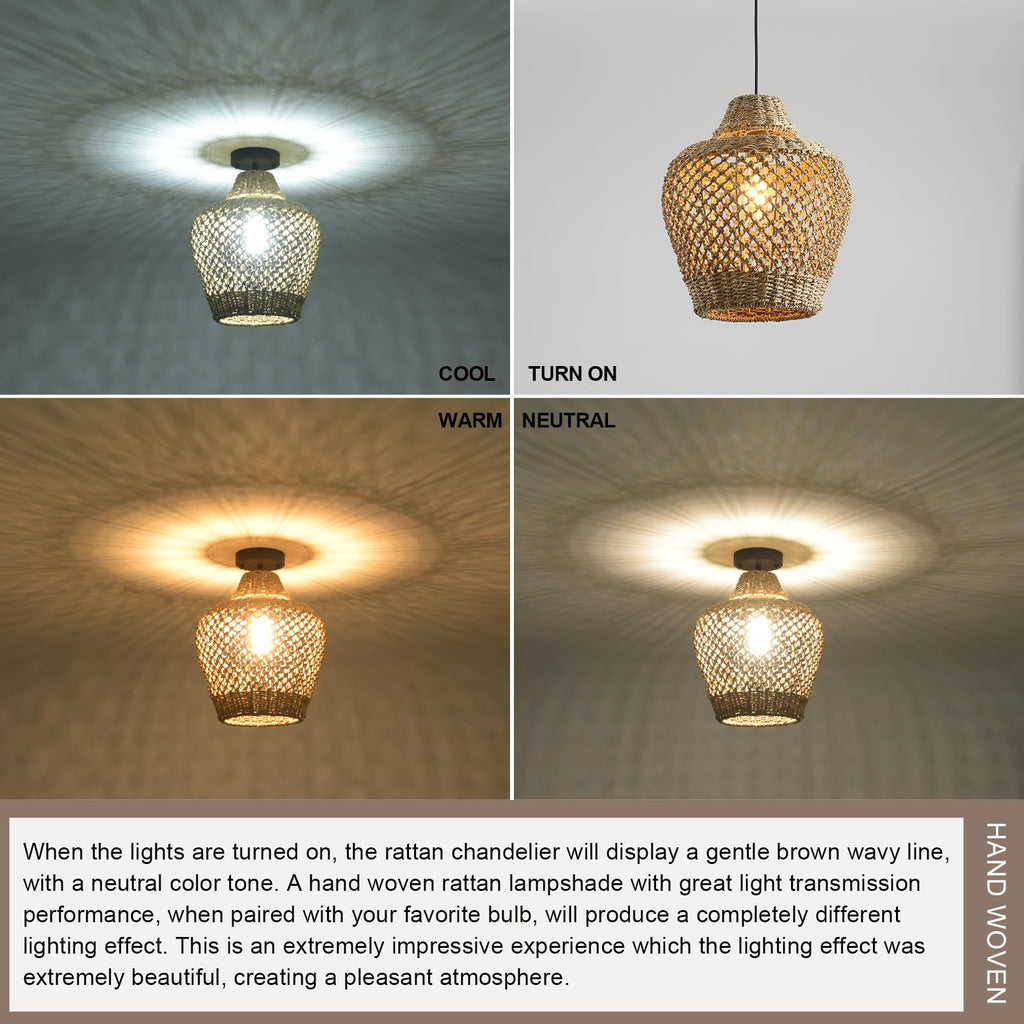 Rattan Pendant Light 11.8" Seagrass Hanging Light 2-Pack