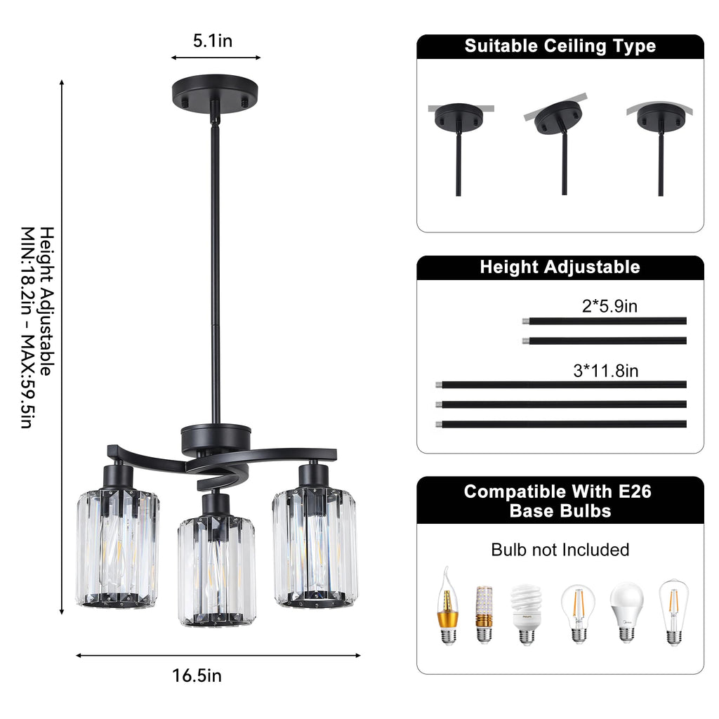 3 Light Black Crystal Chandelier, Glam Pendant