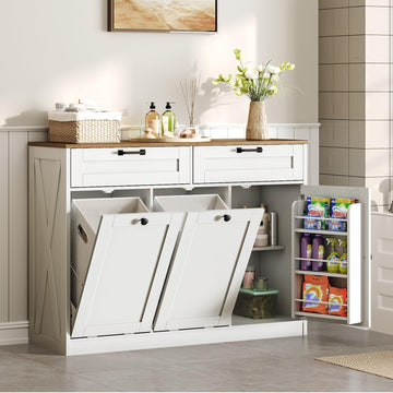 Double Tilt Out Laundry Hamper Cabinet, 43.3" Laundry Cabinet with 2 Removable Baskets, Farmhouse Wooden Hidden Trash