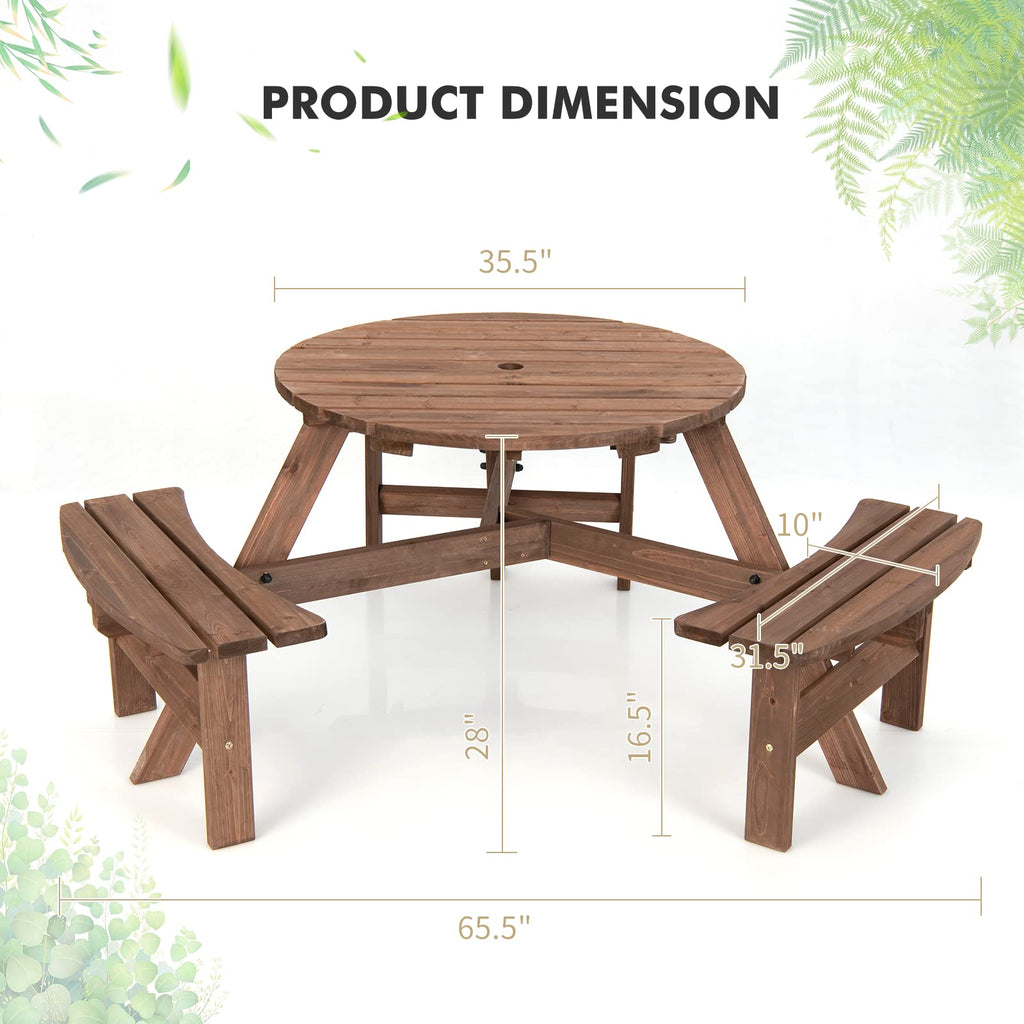 6 Person Wood Picnic Table, Outdoor Round Picnic Table with 3 Built-in Benches, Umbrella Hole, Outside Table and