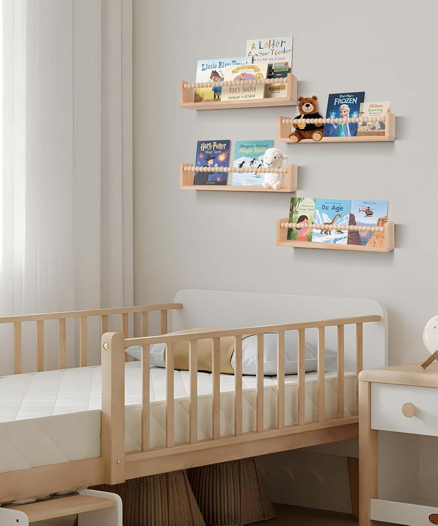 Nursery Book Shelves Set of 4,Wood Floating Nursery Shelves for Wall,Wall Bookshelves for Kids(Set of 4 Natural)