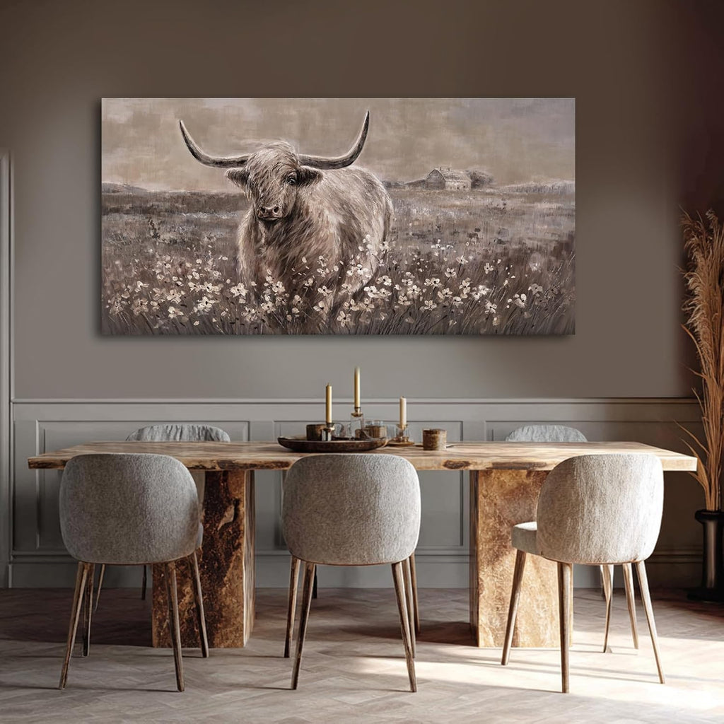 Beige and Brown Highland Cow Canvas Wall Art - Inch Framed Large Painting for Rustic Farmhouse Living Room