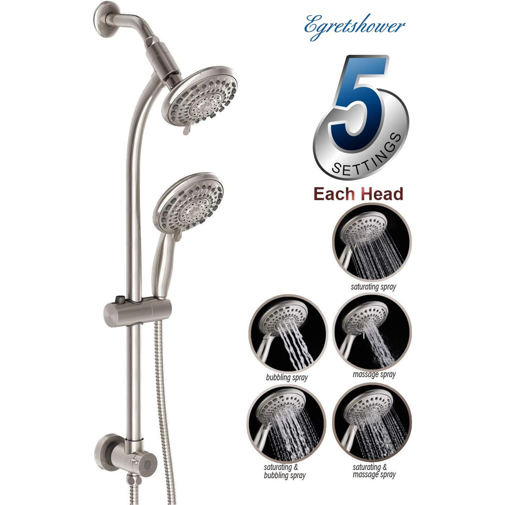 Handheld Showerhead & Rain Shower Combo for Easy Reach, 27.5" Drill-free Stainless Steel Slide Bar, 5"of 5-setting