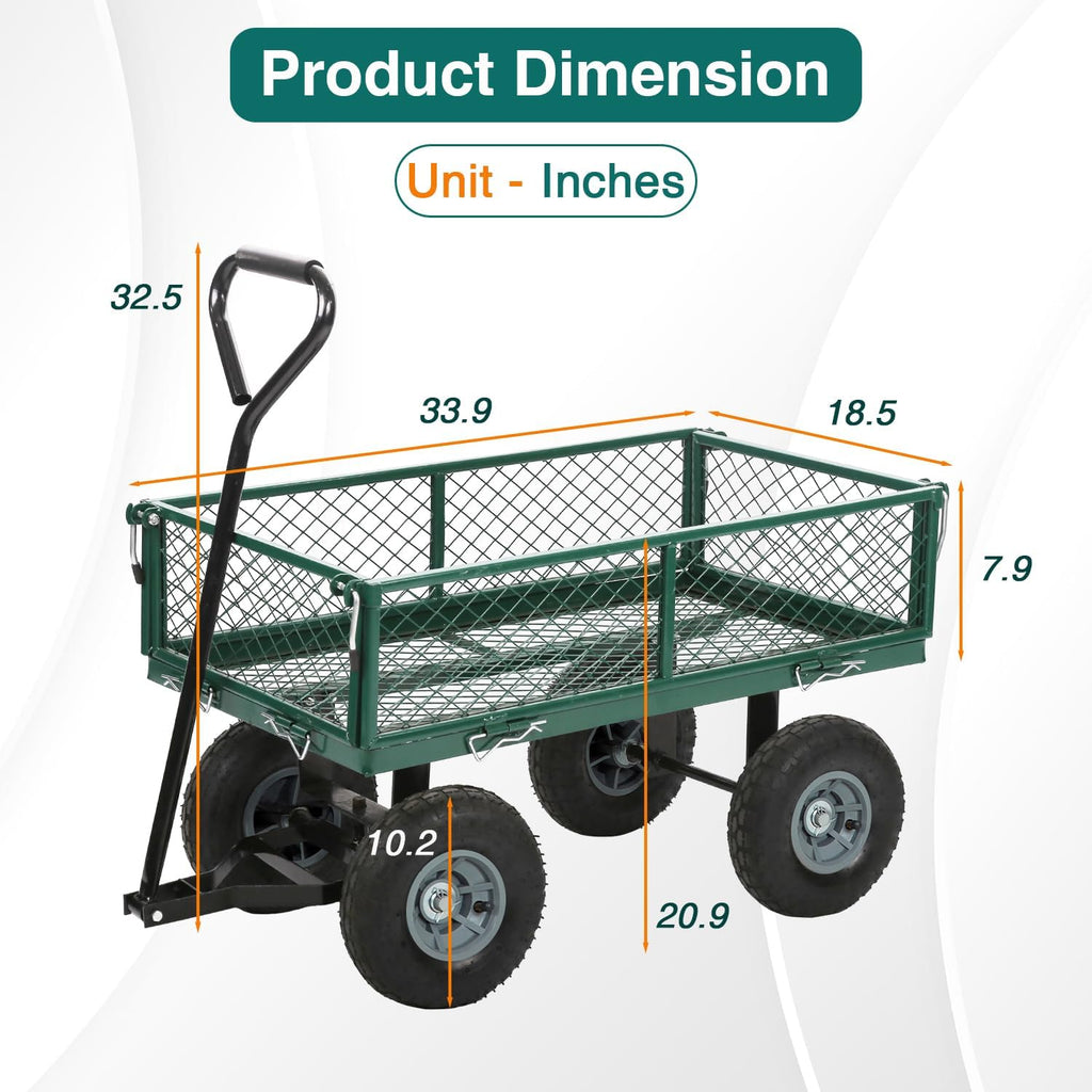 Heavy Duty Garden Cart with Wheels | Green | 500lbs Capacity | Corrosion Resistant Utility Cart with Adjustable Side