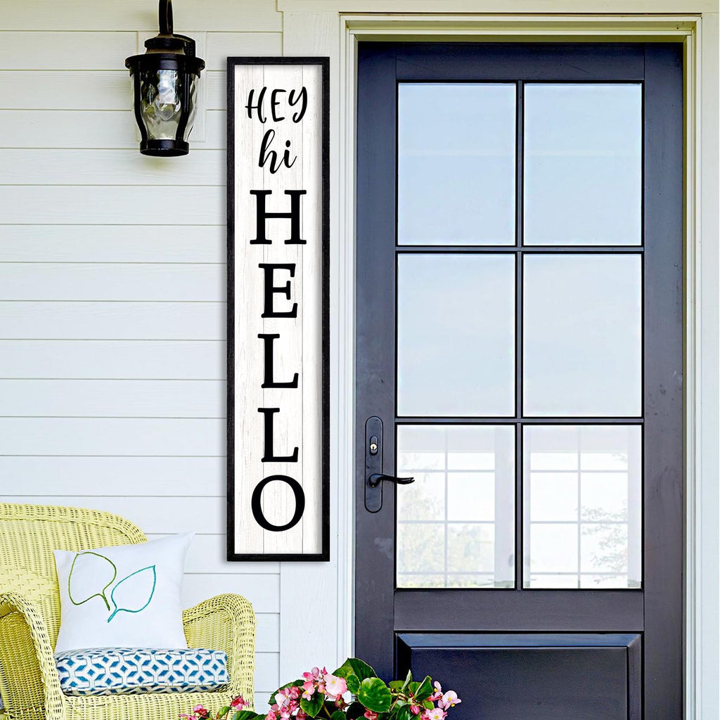 Hey Hi Hello Welcome Sign For Front Porch Standing 45"X9" Large Outdoor Tall Wood Frame Vertical Wall Decor Rustic