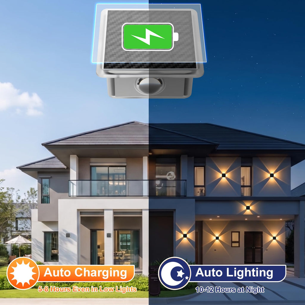 Solar Fence Lights Outdoor, New 4-Sided Lighting Wall Lights Solar Powered with 3 Modes 3000K 4000K 6000K, IP65